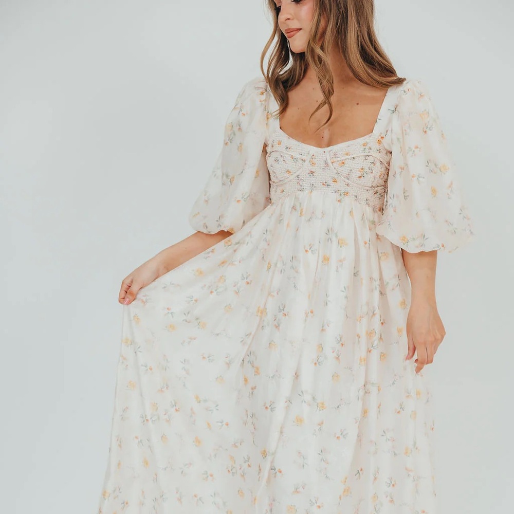 Worth Collective, Harlow Maxi Dress in Tiny Yellow Floral bump friendly